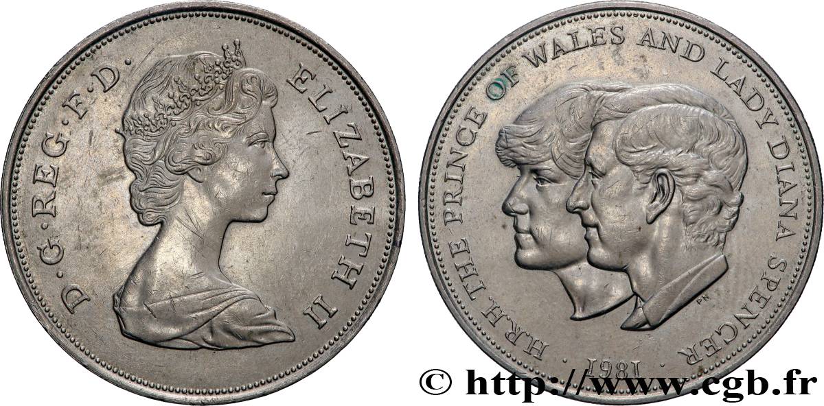 ROYAUME-UNI 25 New Pence (1 Crown) mariage du Prince de Galles et de Lady Diana Spencer 1981  SUP 