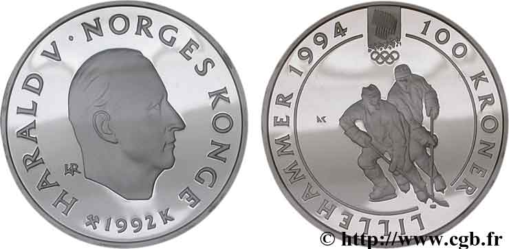 NORUEGA 100 Kroner BE J.O. Lillehammer 1994 - hockey 1992 Konsberg FDC 