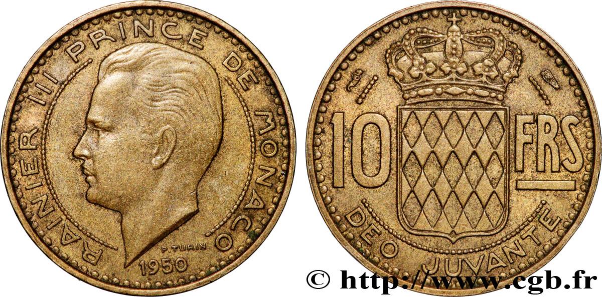 MONACO 10 Francs Rainier III 1950 Paris XF 