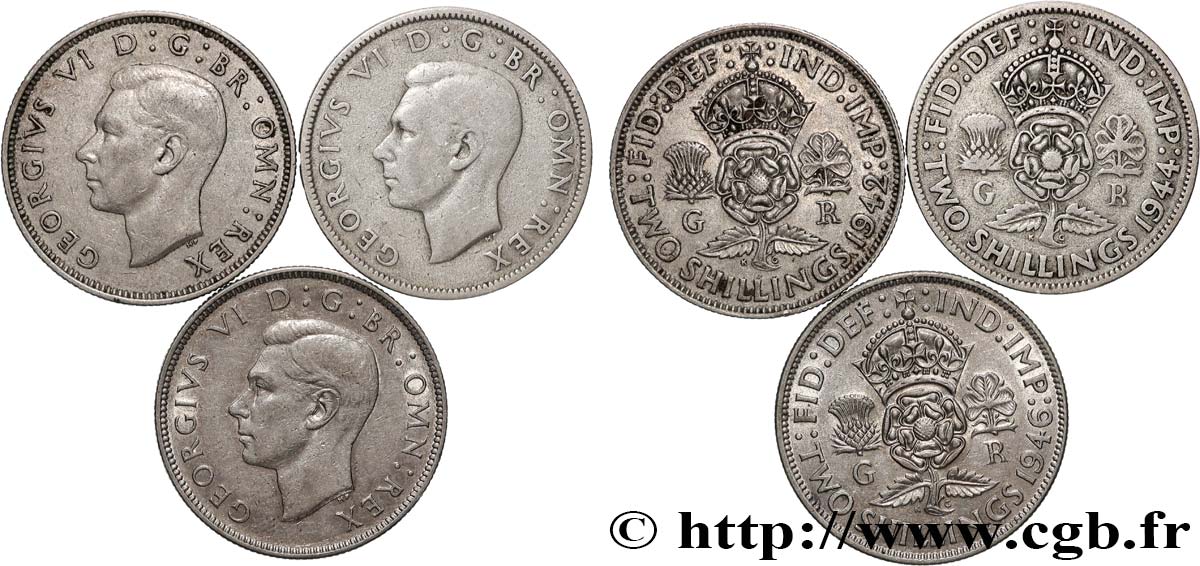 ROYAUME-UNI Lot 3 x 1 Florin (2 Shillings) Georges VI 1942-1946  TTB 