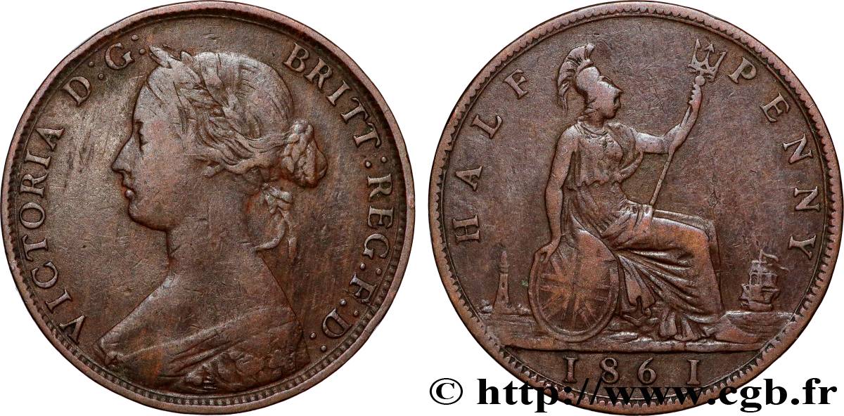 ROYAUME-UNI 1/2 Penny Victoria “Bun Head” 1861  TB+ 