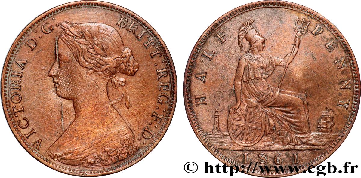 UNITED KINGDOM 1/2 Penny Victoria “Bun Head” 1861  XF 