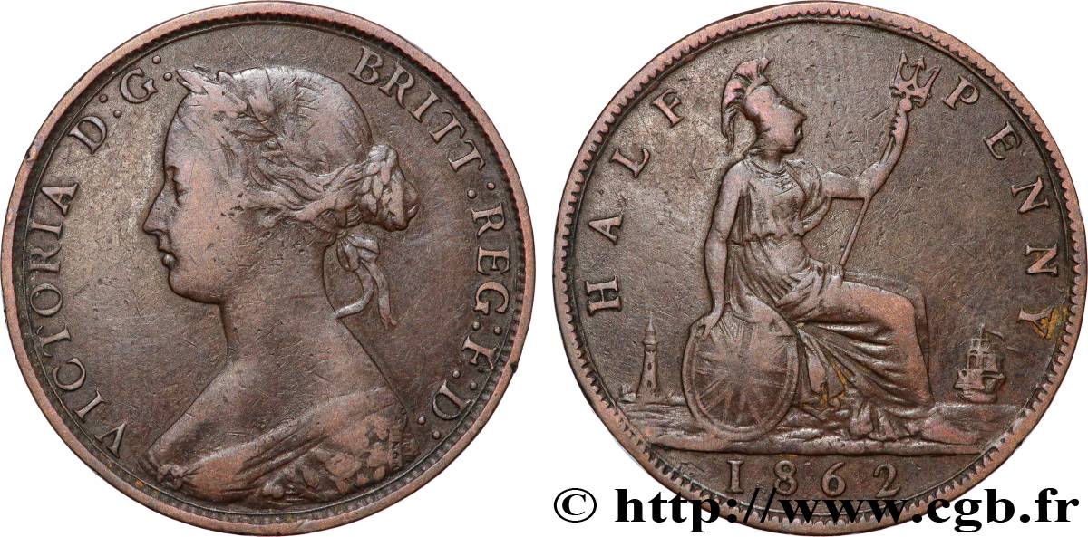 UNITED KINGDOM 1/2 Penny Victoria “Bun Head” 1862  VF 
