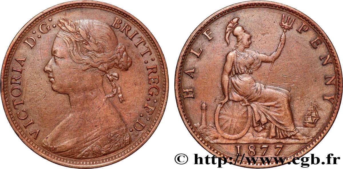 UNITED KINGDOM 1/2 Penny Victoria “Bun Head” 1877  XF 