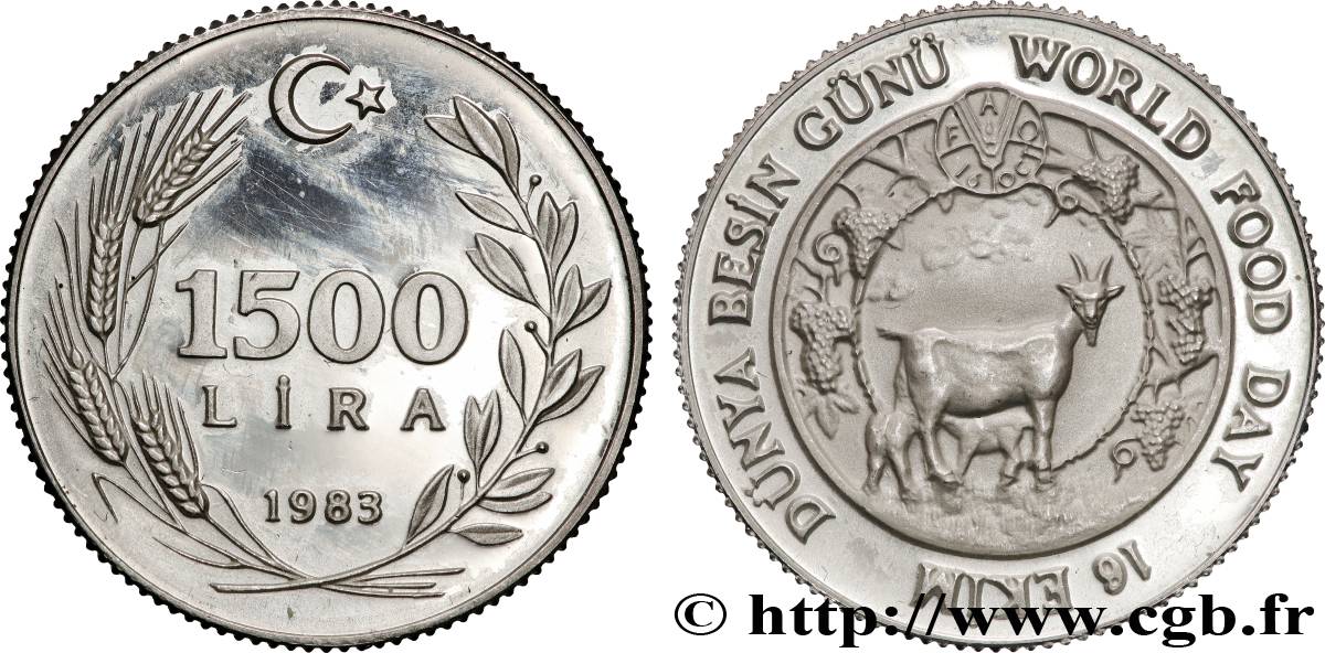 TURKEY 1500 Lira Proof Journée mondiale de l&nbsp;alimentation - FAO 1983  AU 