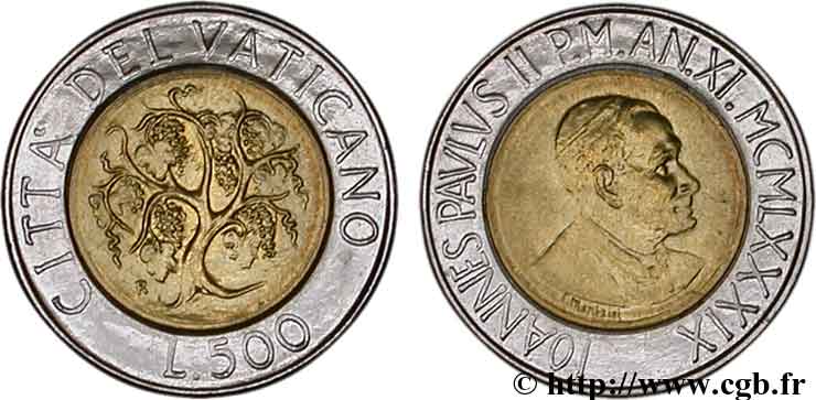 VATICAN AND PAPAL STATES 500 Lire Jean Paul II - vigne 1989 Rome MS 