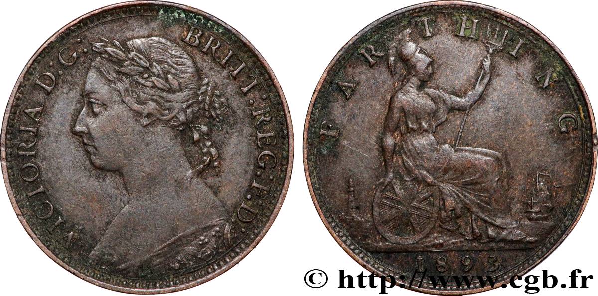 ROYAUME-UNI 1 Farthing Victoria “Bun Head” 1893  TTB 