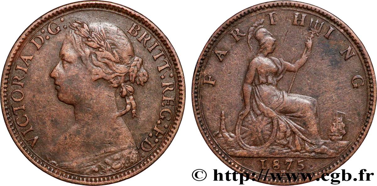 ROYAUME-UNI 1 Farthing Victoria “Bun Head” 1875 Heaton - H TTB 