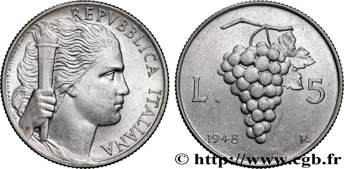 ITALIA 5 Lire “Liberté” à la torche / grappe de raisin 1948 Rome - R SPL 