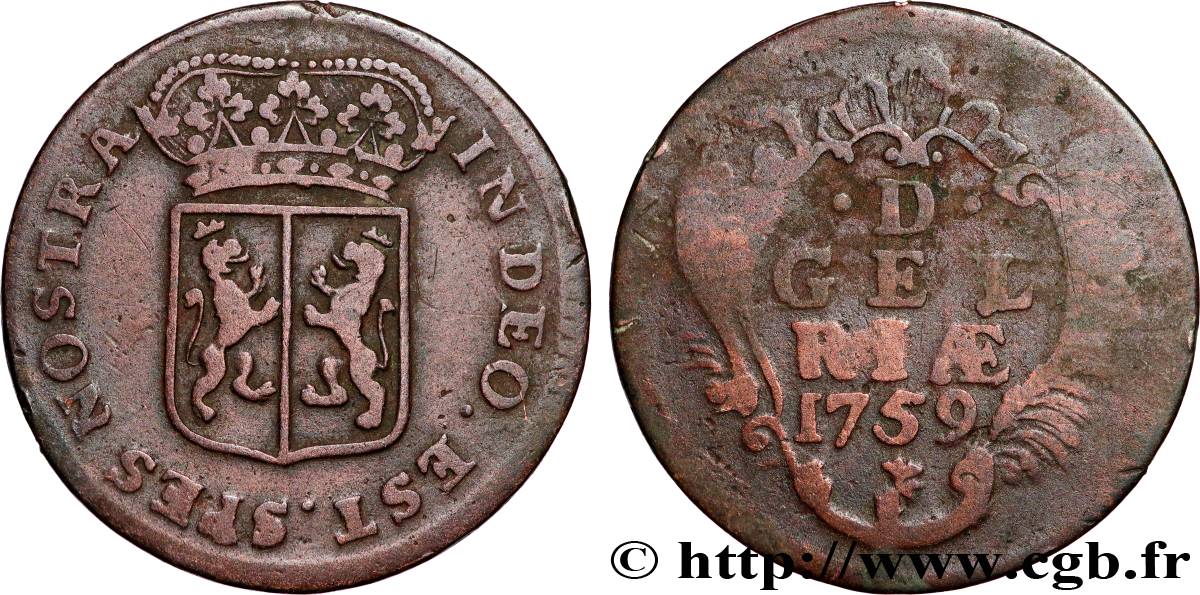 NETHERLANDS - UNITED PROVINCES 1 Duit Gueldre 1758  VF 