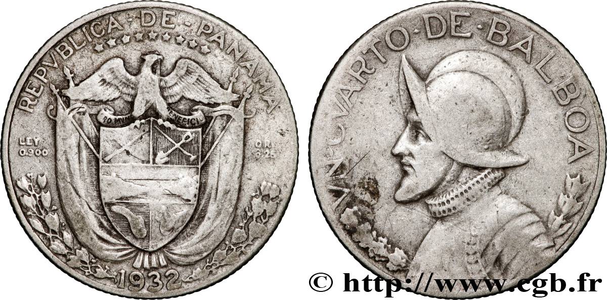 PANAMá 1/4 Balboa Vasco Nunez de Balboa 1932 Philadelphie BC+ 