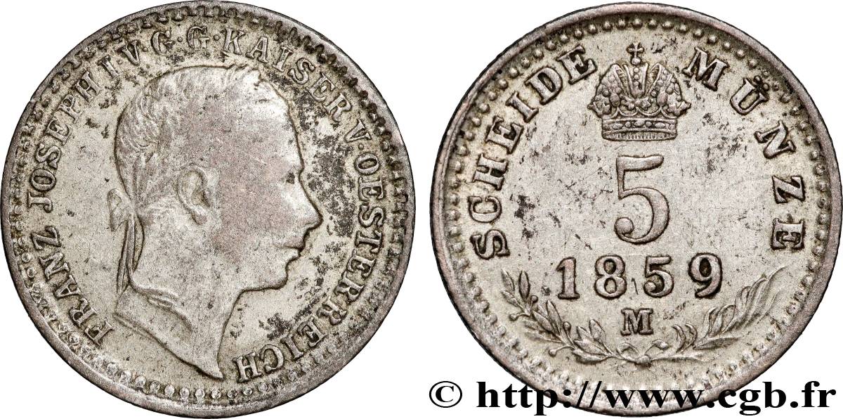 ITALY - LOMBARDY-VENETIA 5 Kreuzer Lombardie François Joseph Ier d’Autriche / aigle 1859 Milan - M VF 