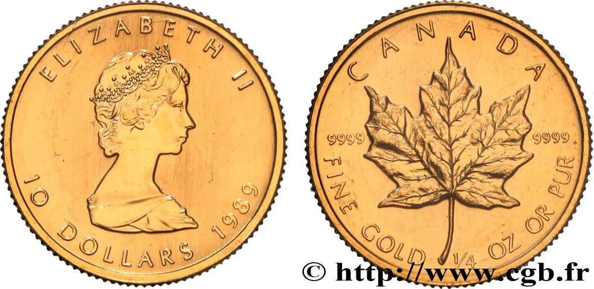 OR, PALLADIUM ET PLATINE INVESTISSEMENT 1/4 Oz - 10 Dollars or  mapple leaf  1989  FDC 