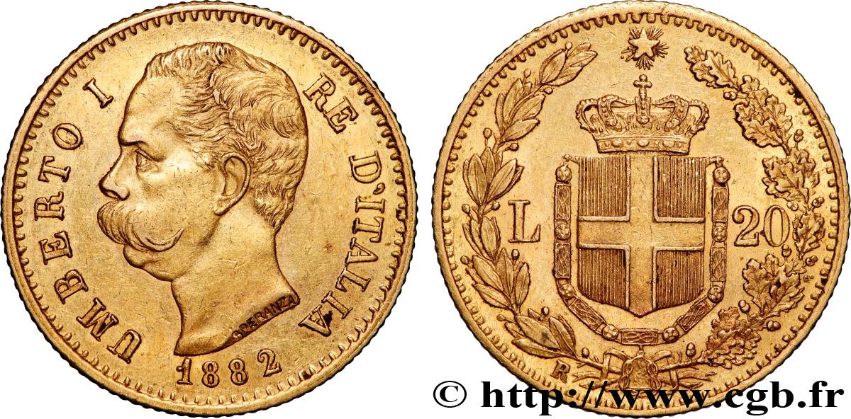 GOLD-, PALLADIUM- UND PLATIN-INVESTITIONEN 20 Lire Umberto Ier 1882 Rome VZ 