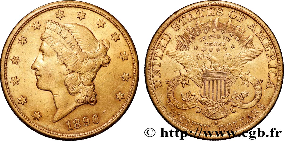 OR, PALLADIUM ET PLATINE INVESTISSEMENT 20 Dollars  Liberty  1896 San Francisco TTB 