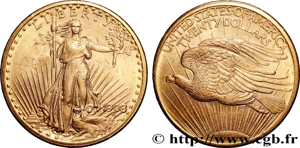OR, PALLADIUM ET PLATINE INVESTISSEMENT 20 Dollars “Saint-Gaudens” 1908 Philadelphie TTB 