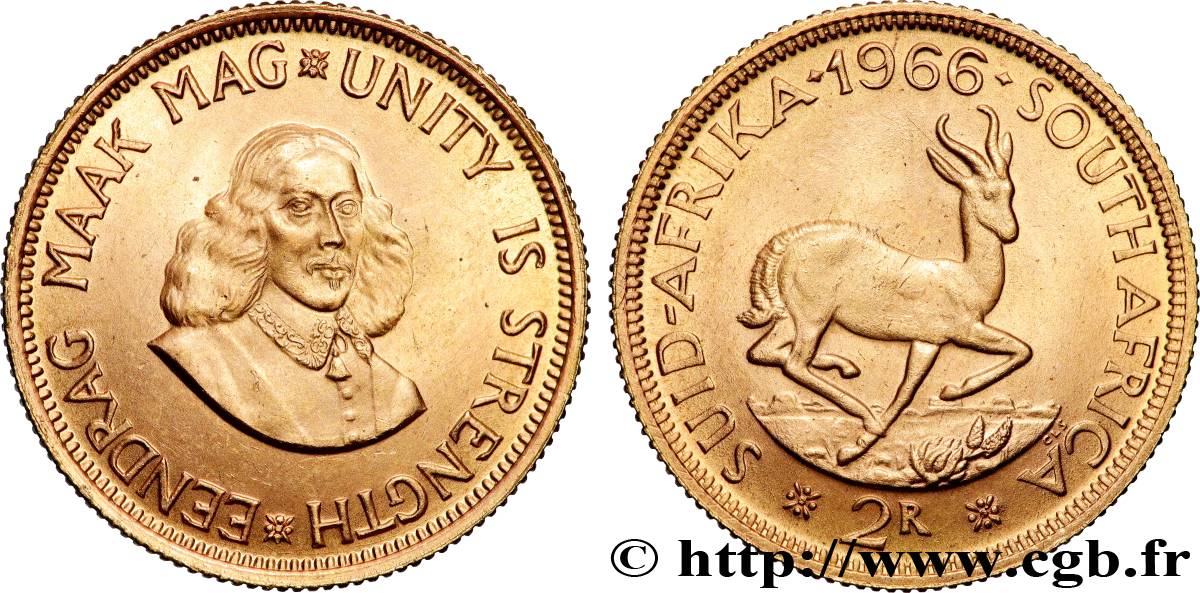 OR, PALLADIUM ET PLATINE INVESTISSEMENT 2 Rand springbok / Jan van Riebeeck 1966 Prétoria SPL 