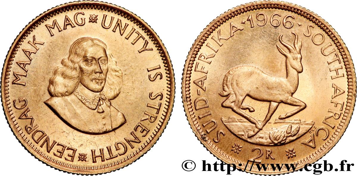OR, PALLADIUM ET PLATINE INVESTISSEMENT 2 Rand springbok / Jan van Riebeeck 1966 Prétoria SPL 