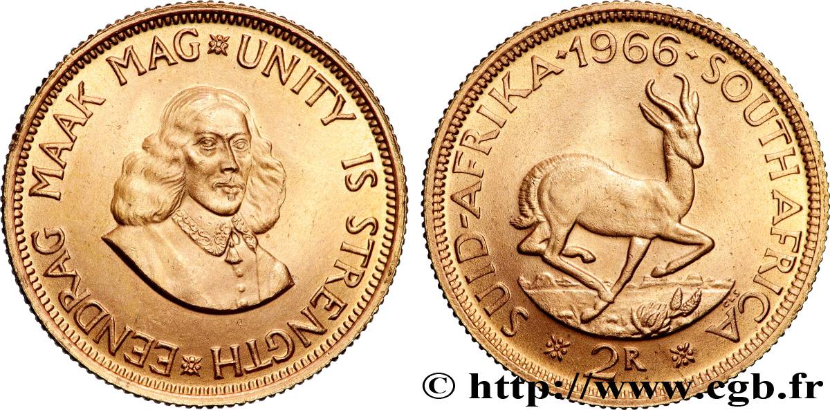 OR, PALLADIUM ET PLATINE INVESTISSEMENT 2 Rand springbok / Jan van Riebeeck 1966 Prétoria SPL 