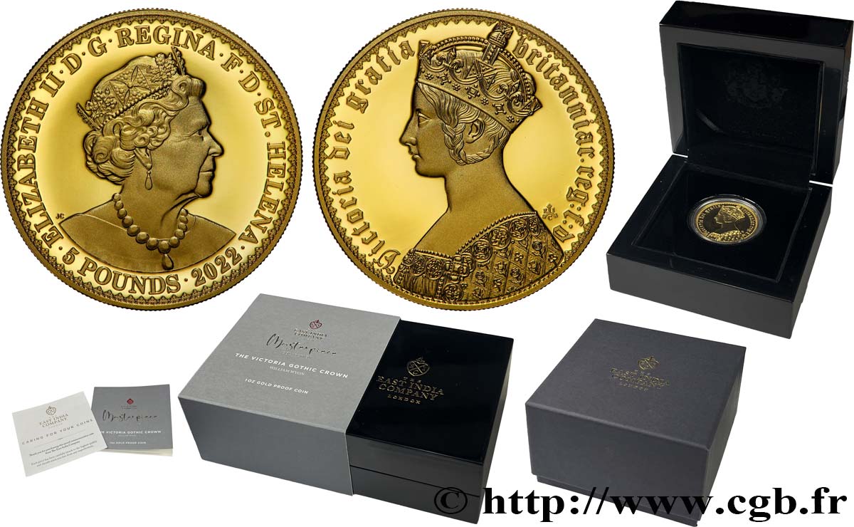 GOLD, PALLADIUM & PLATINUM INVESTMENT 1 Oz - 5 Pounds (Livres) Proof Victoria Crown Gothique 2022  MS 
