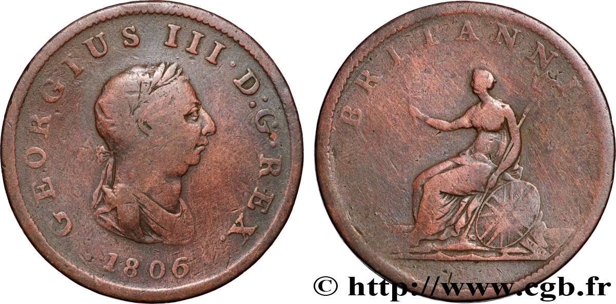 ROYAUME-UNI 1/2 Penny Georges III tête laurée 1806 Soho TB 