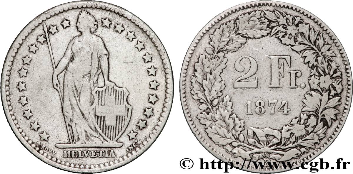 SWITZERLAND 2 Francs Helvetia 1874 Berne VF 