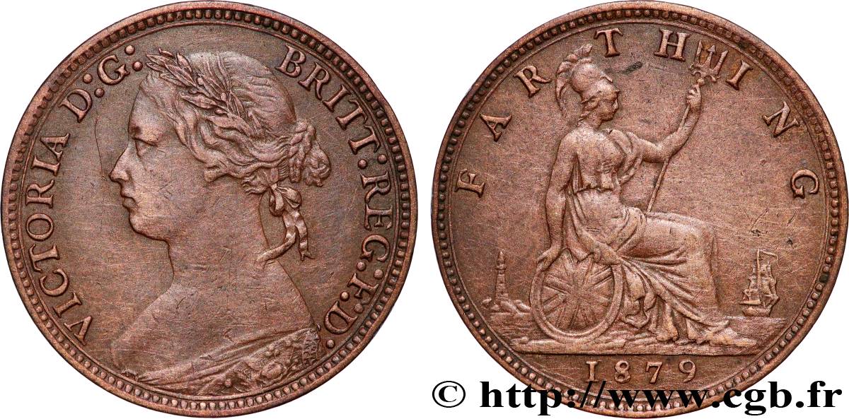 ROYAUME-UNI 1 Farthing Victoria “Bun Head” 1879 Londres TTB 