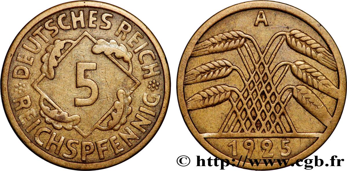 GERMANY 5 Reichspfennig gerbe de blé 1925 Berlin XF 
