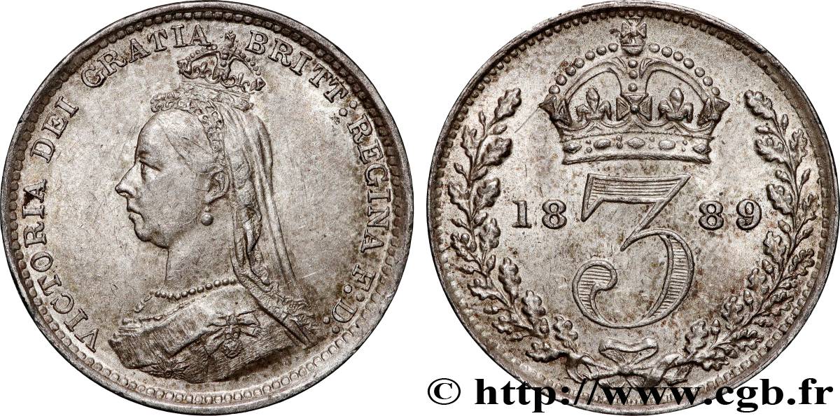 ROYAUME-UNI 3 Pence Victoria buste du jubilé 1889  TTB+ 