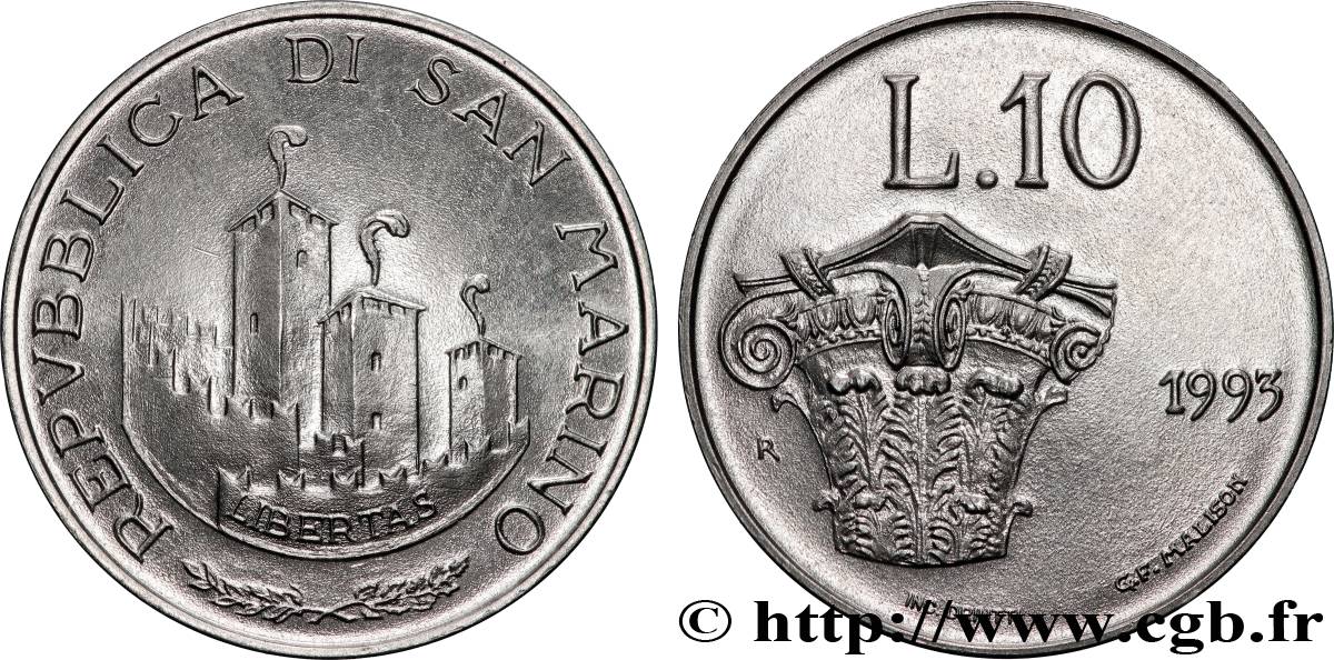 SAN MARINO 10 Lire vue des 3 chateaux /  Chapiteau de colonne 1993 Rome - R MS 