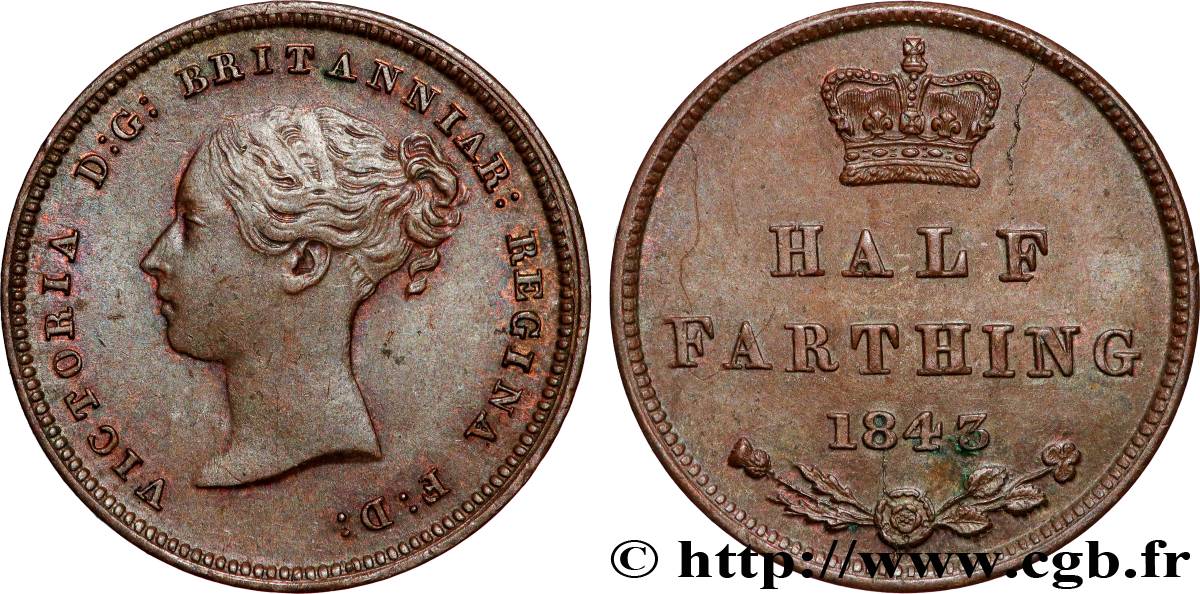REGNO UNITO 1/2 Farthing Victoria “tête jeune” 1843 Londres q.SPL 