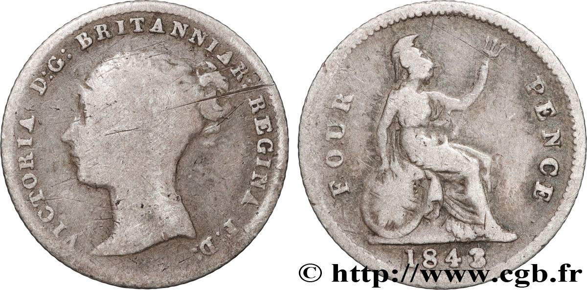 UNITED KINGDOM 4 Pence Victoria tête jeune 1843 Londres VF 
