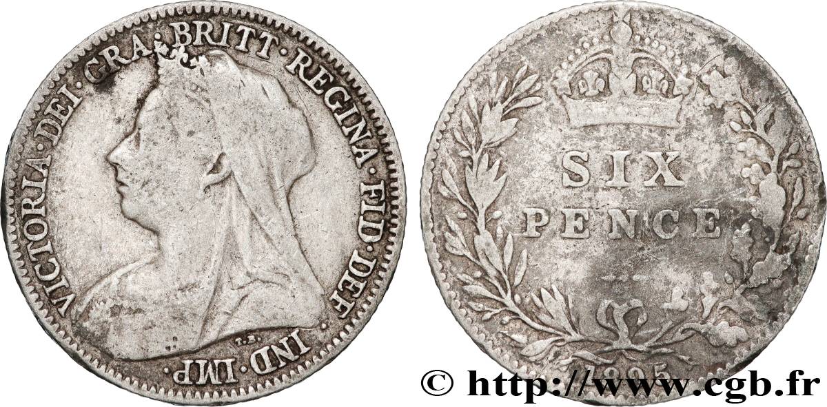 ROYAUME-UNI 6 Pence Victoria “Old Head” 1895 Londres TB 