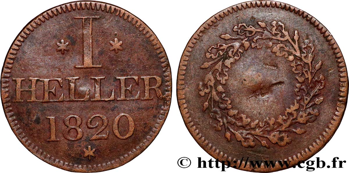 GERMANY - FREE CITY OF FRANKFURT 1 Heller aigle - ville libre de Francfort 1820 Francfort VF 