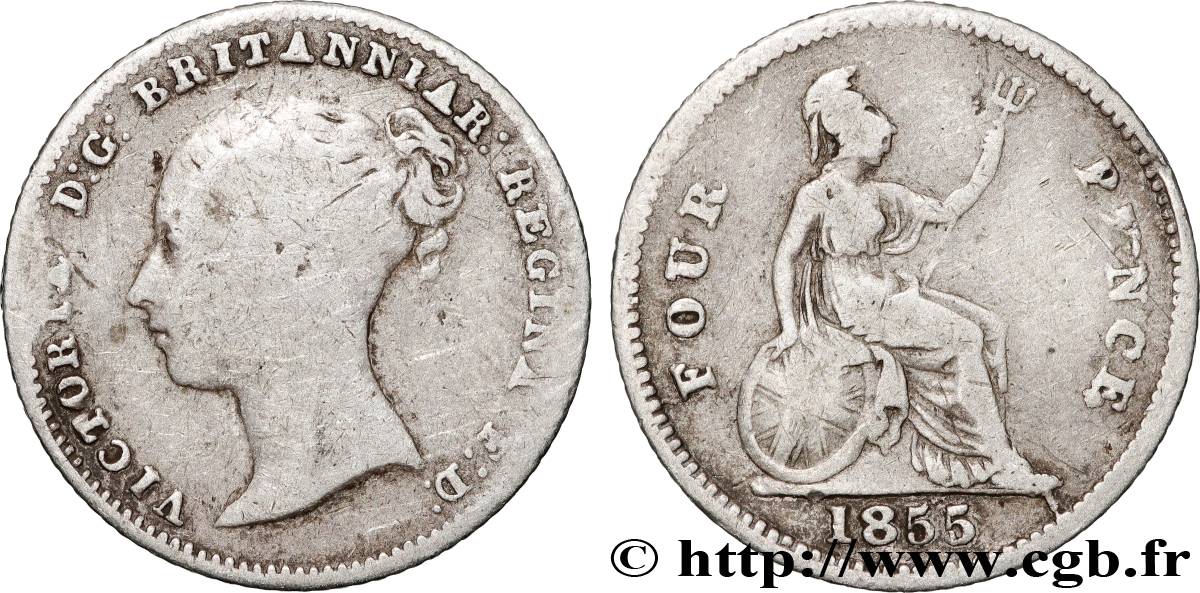 UNITED KINGDOM 4 Pence ou groat Victoria / Britannia assise 1855 Londres VF 