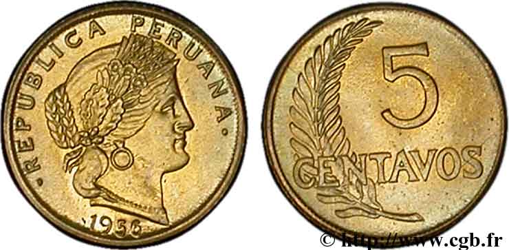PERU 5 Centavos 1956  MS 