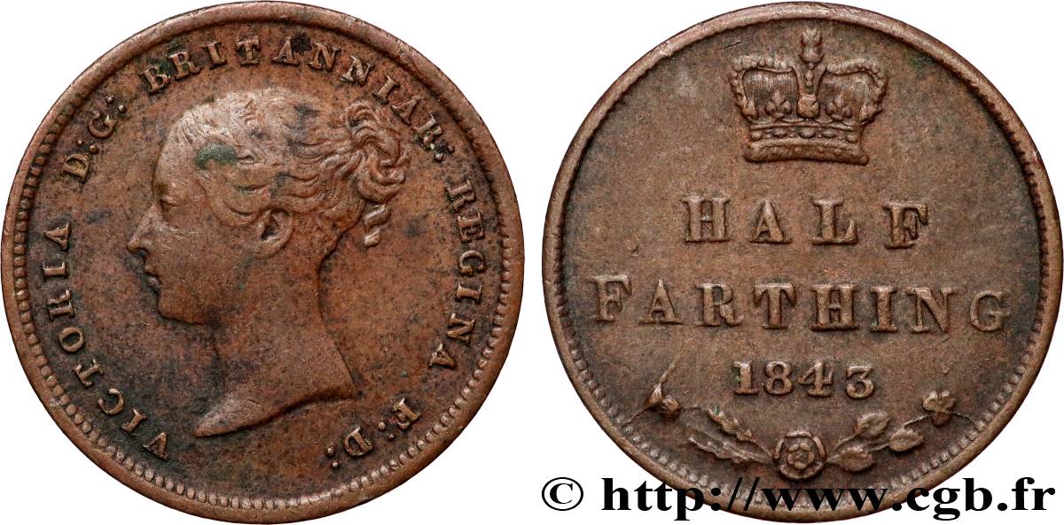UNITED KINGDOM 1/2 Farthing Victoria “tête jeune” 1843  VF 