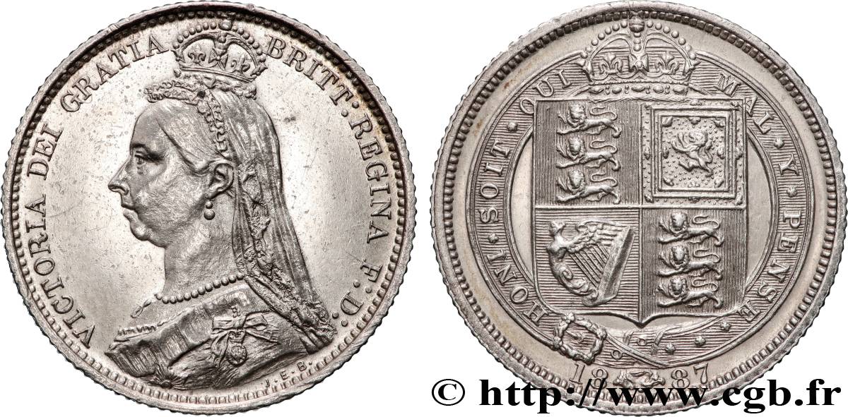 GREAT BRITAIN - VICTORIA 6 Pence Victoria “buste du jubilé”, type écu 1887  AU 