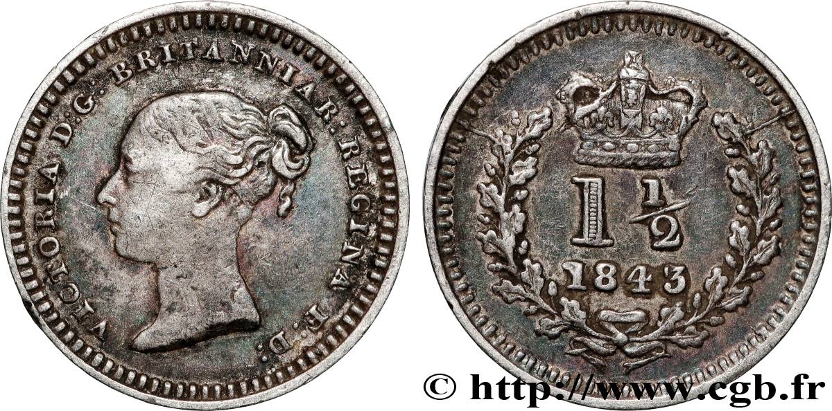 UNITED KINGDOM 1 1/2 Pence Victoria 1843  XF 