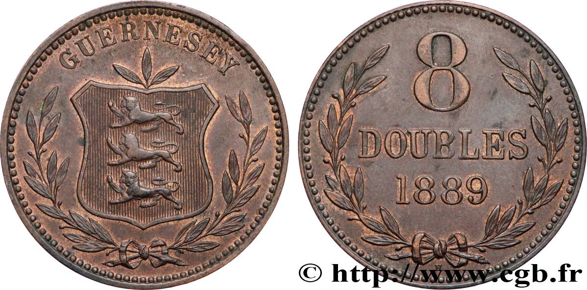 GUERNSEY 8 Doubles armes du baillage de Guernesey 1889 Heaton AU 