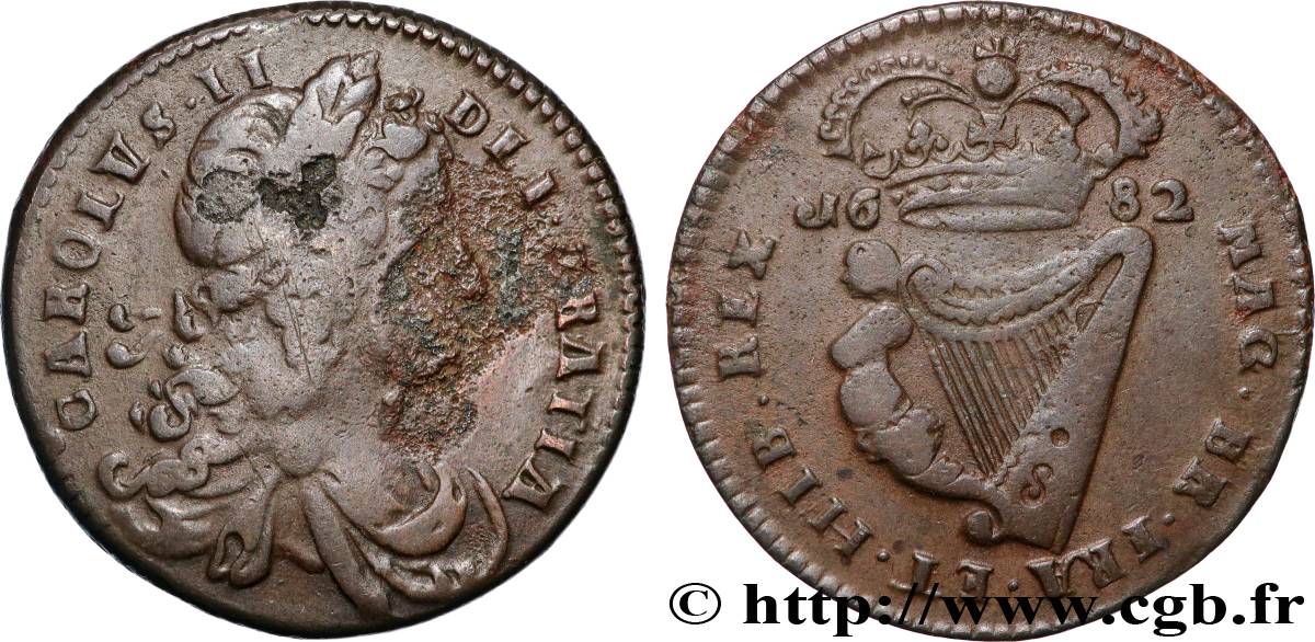 IRELAND REPUBLIC 1/2 Penny Charles II 1682  VF 