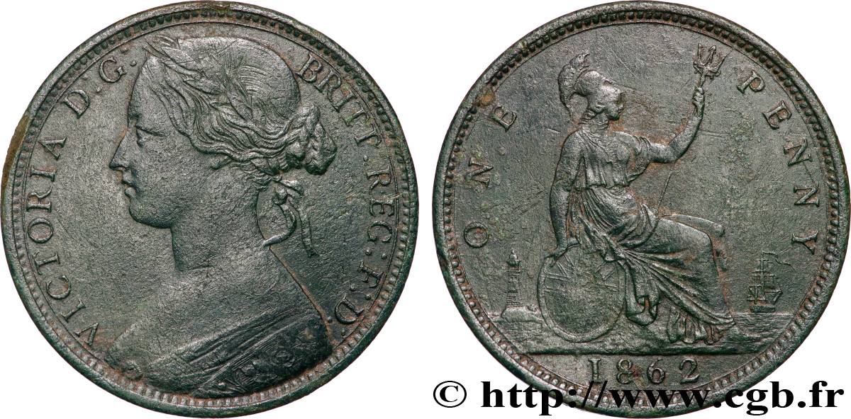 ROYAUME-UNI 1 Penny Victoria “Bun Head” 1862 Londres TB+ 