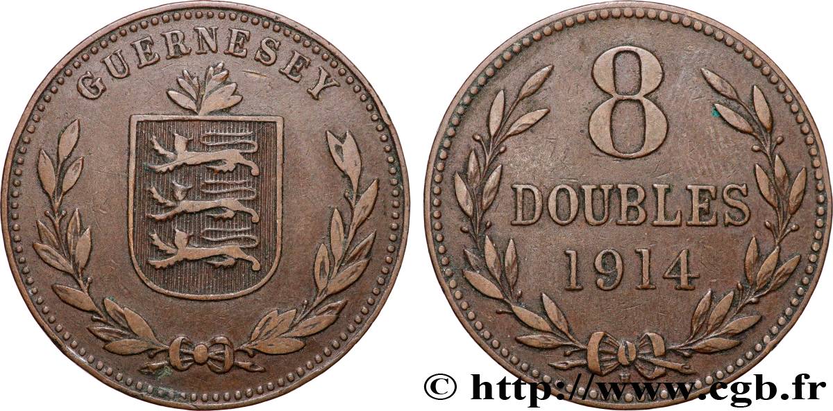 GUERNSEY 8 Doubles armes du baillage de Guernesey 1914 Heaton AU 