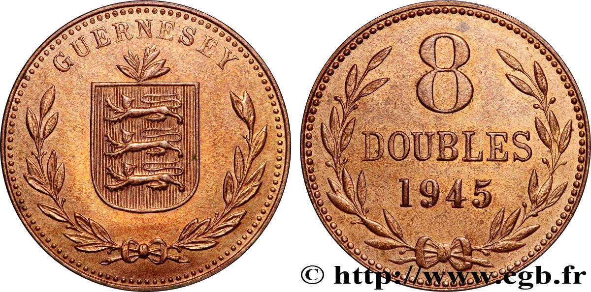 GUERNESEY 8 Doubles armes du baillage de Guernesey 1945 Heaton TTB+ 