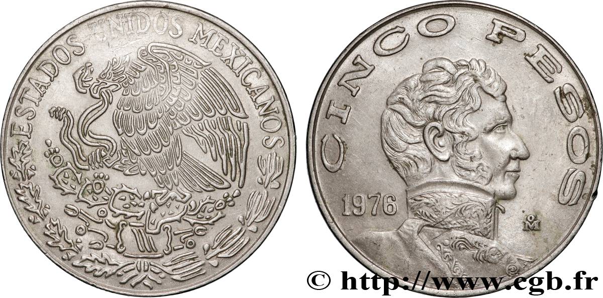 MEXICO 5 Pesos Vicente Guerrero variété à grande date 1976 Mexico AU 