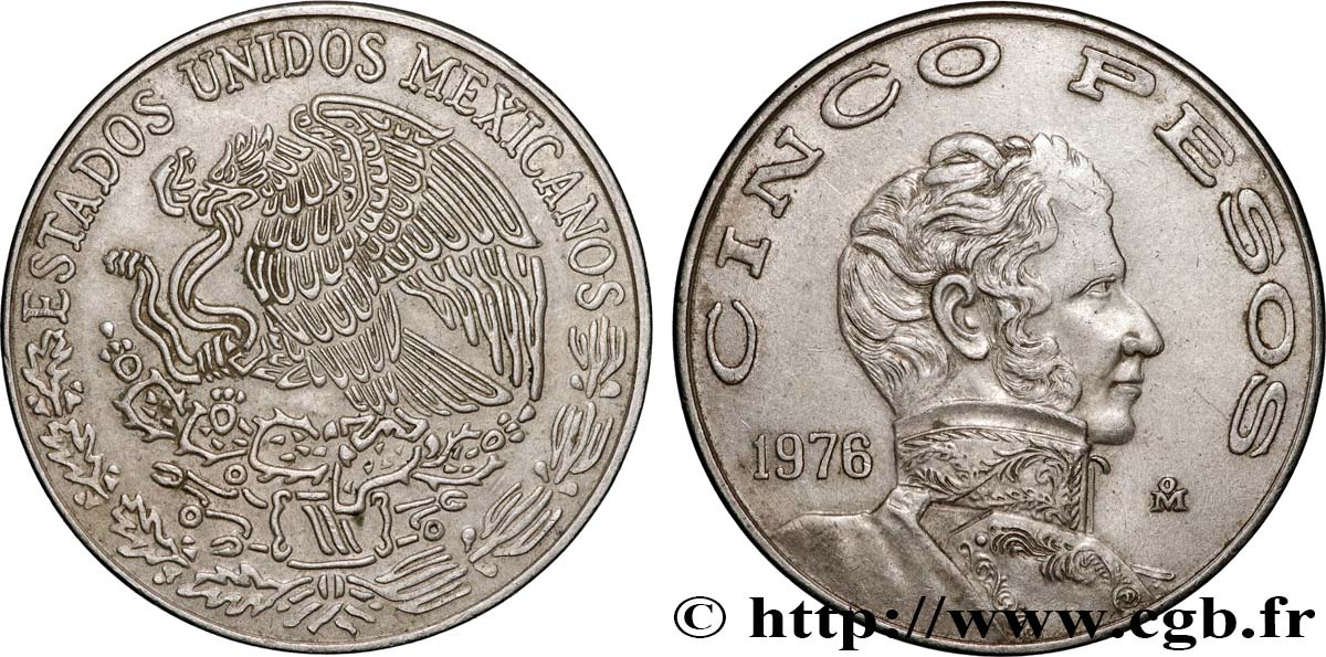 MEXIKO 5 Pesos Vicente Guerrero variété à grande date 1976 Mexico VZ 