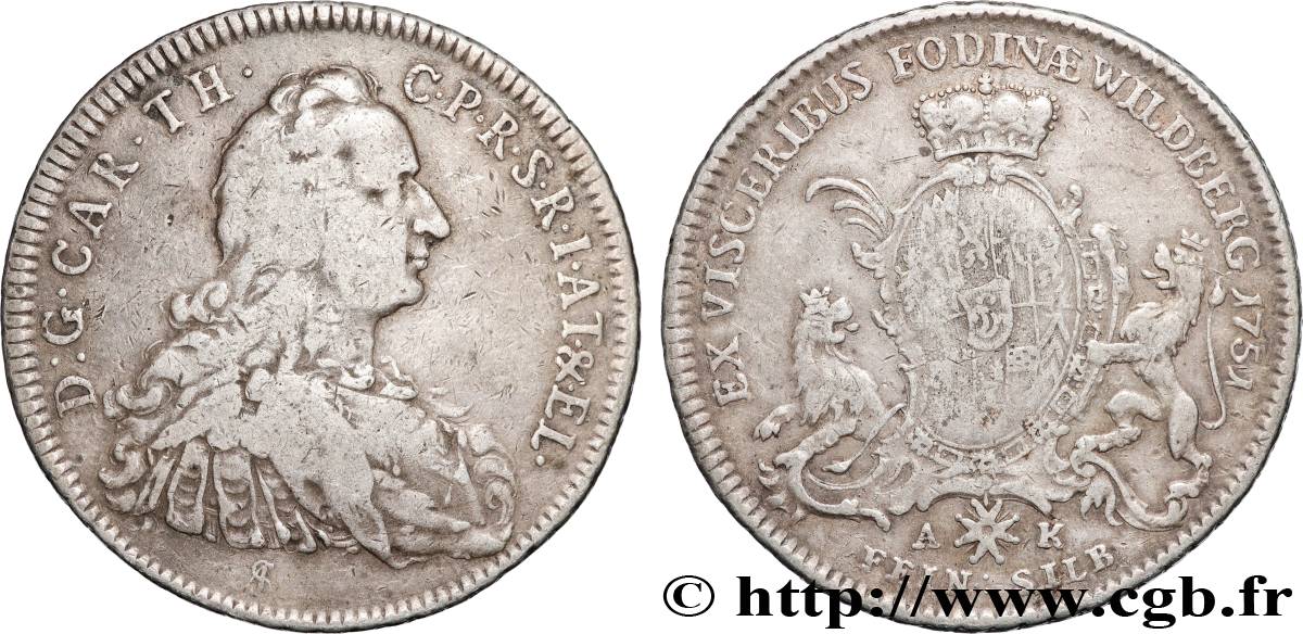 GERMANY - PALATINATE 1 Thaler Charles Théodore 1751  XF 