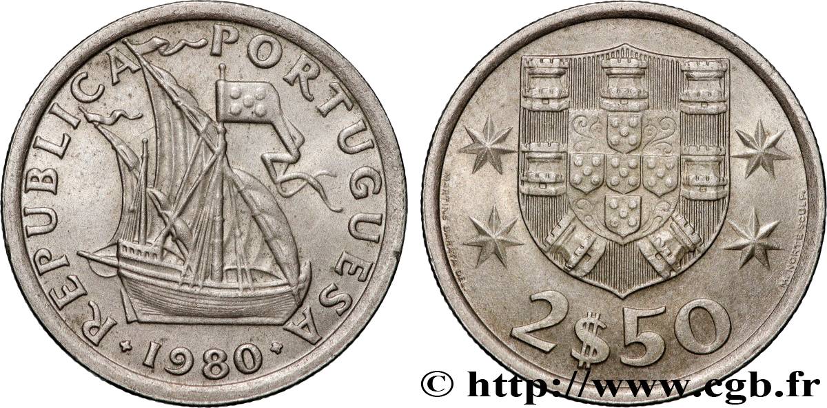 PORTOGALLO 2 1/2 Escudos emblème / voilier 1980 Lisbonne SPL 