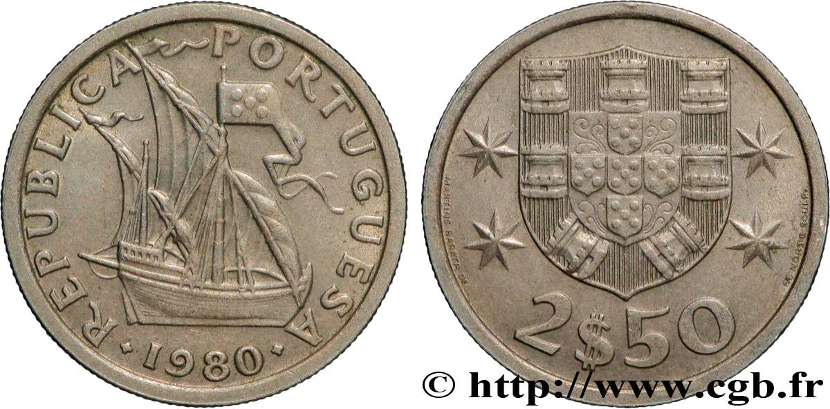 PORTUGAL 2 1/2 Escudos emblème / voilier 1980 Lisbonne SUP 