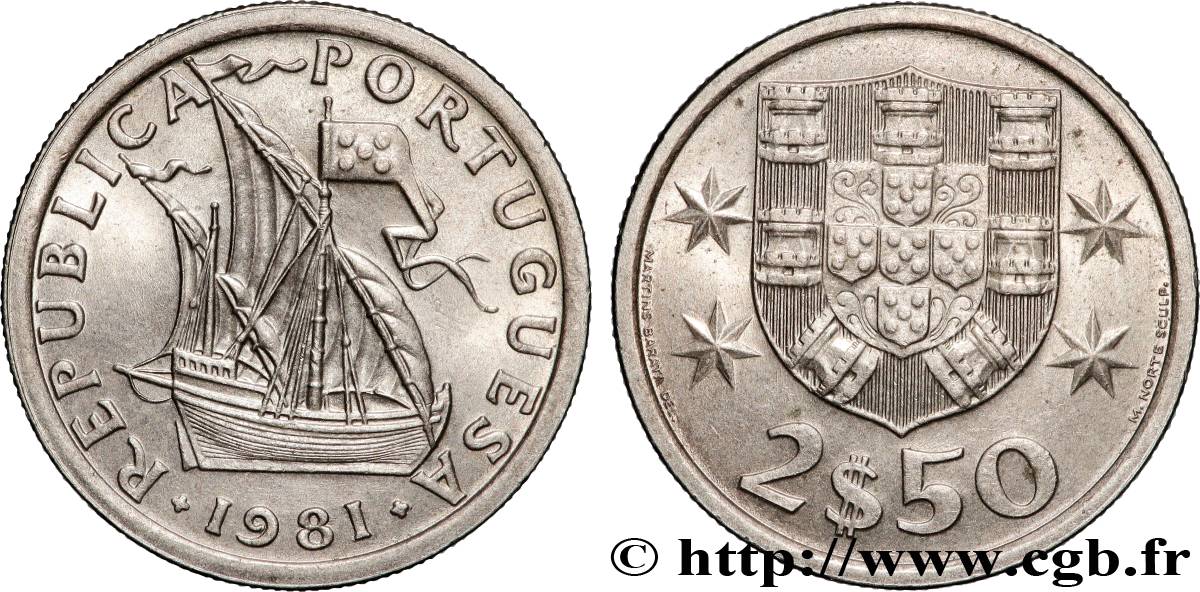 PORTUGAL 2 1/2 Escudos emblème / voilier 1980 Lisbonne fST 
